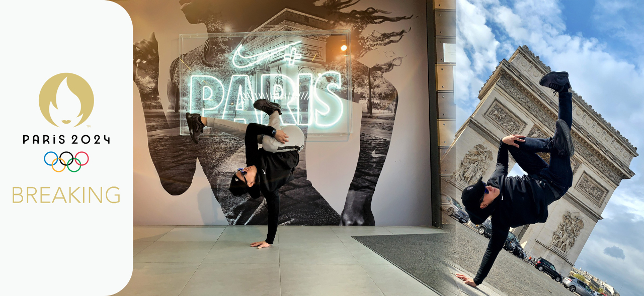 Bboy Showmilk à Paris et logo Paris 2024 (montage Valentin Floquet)