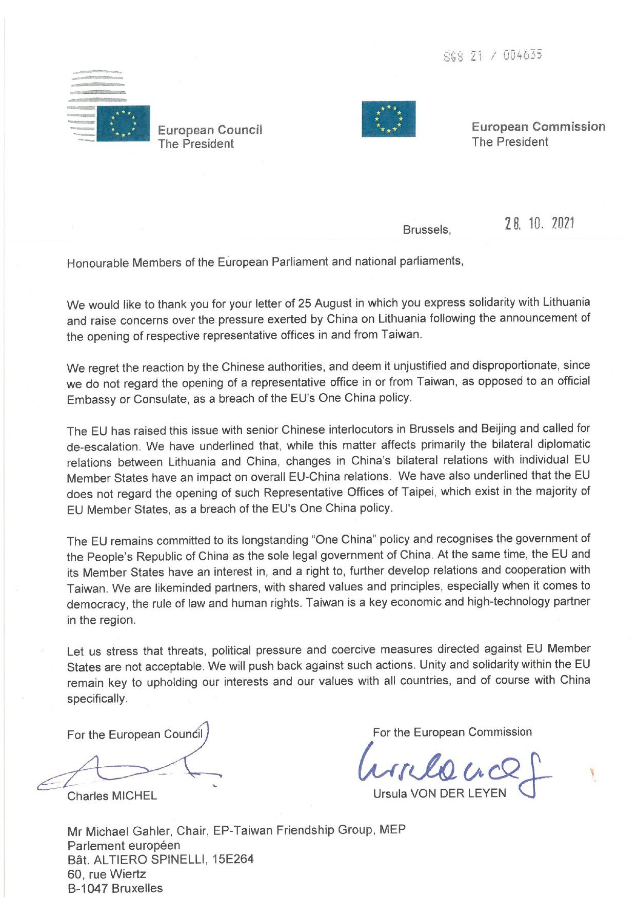 L’Europe soutient ses pays membres à approfondir leurs relations avec Taïwan