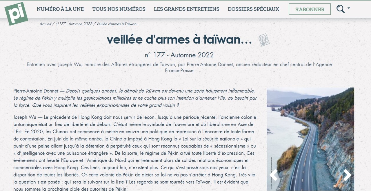 Taïwan n’est qu’un passage obligé pour l'expansion mondiale de Pékin selon Joseph Wu