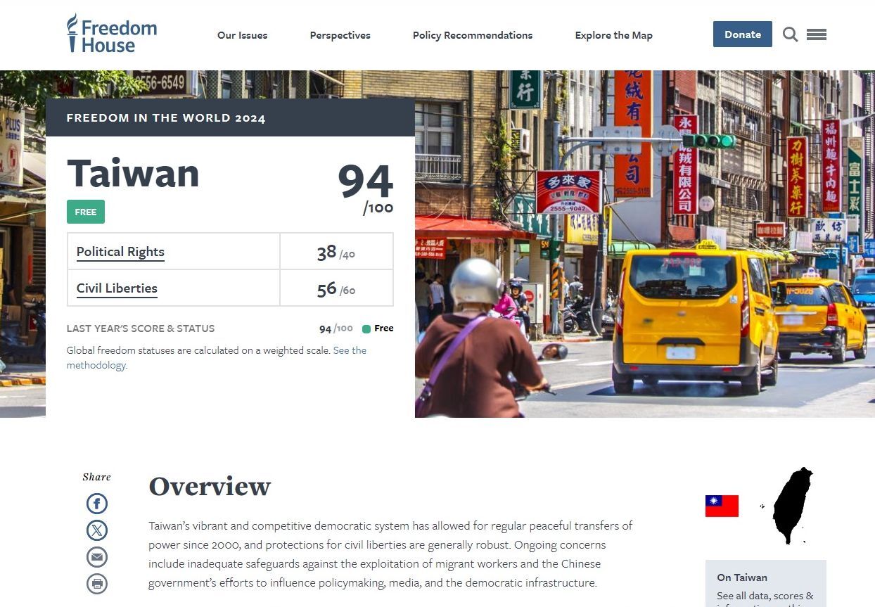 Taïwan reste le 2e pays le plus libre en Asie