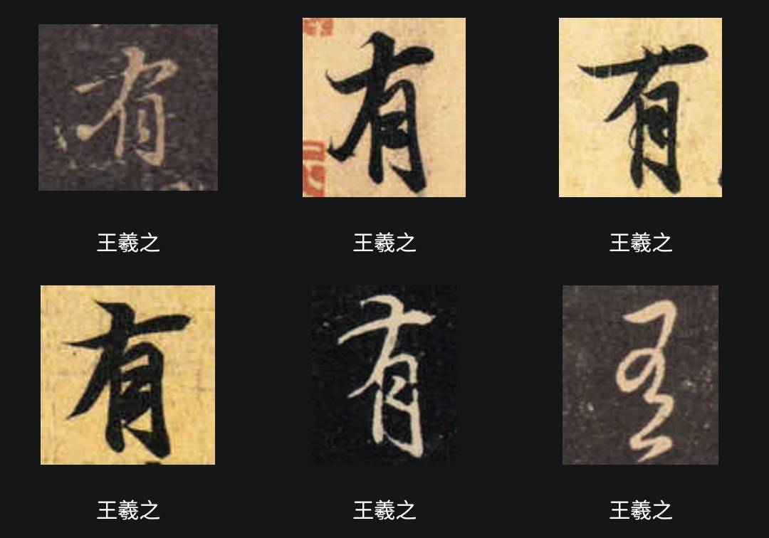 Diférentes graphies du caractère you 有, avoir, par le calligraphe Wang Xizhi (source : dictionnaire de calligraphie 書法字典大全)