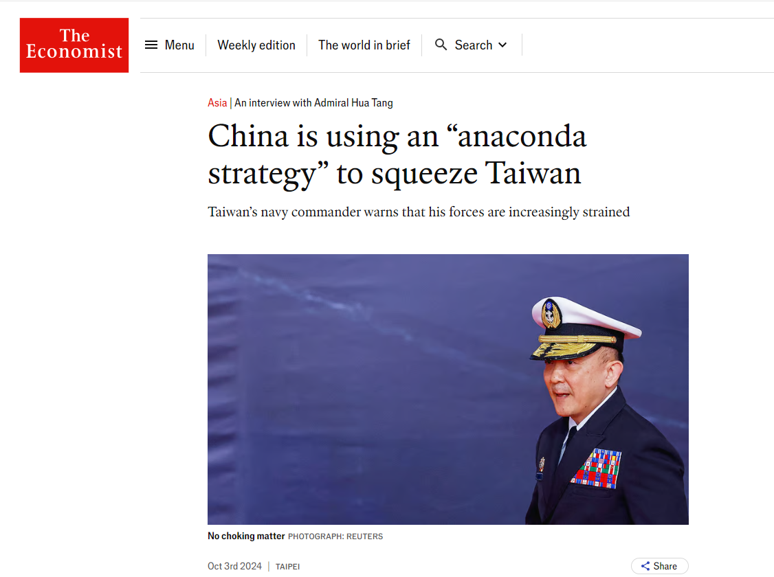 Taïwan évoque la stratégie Anaconda de la Chine prête à faire le blocus de Taïwan à tout moment